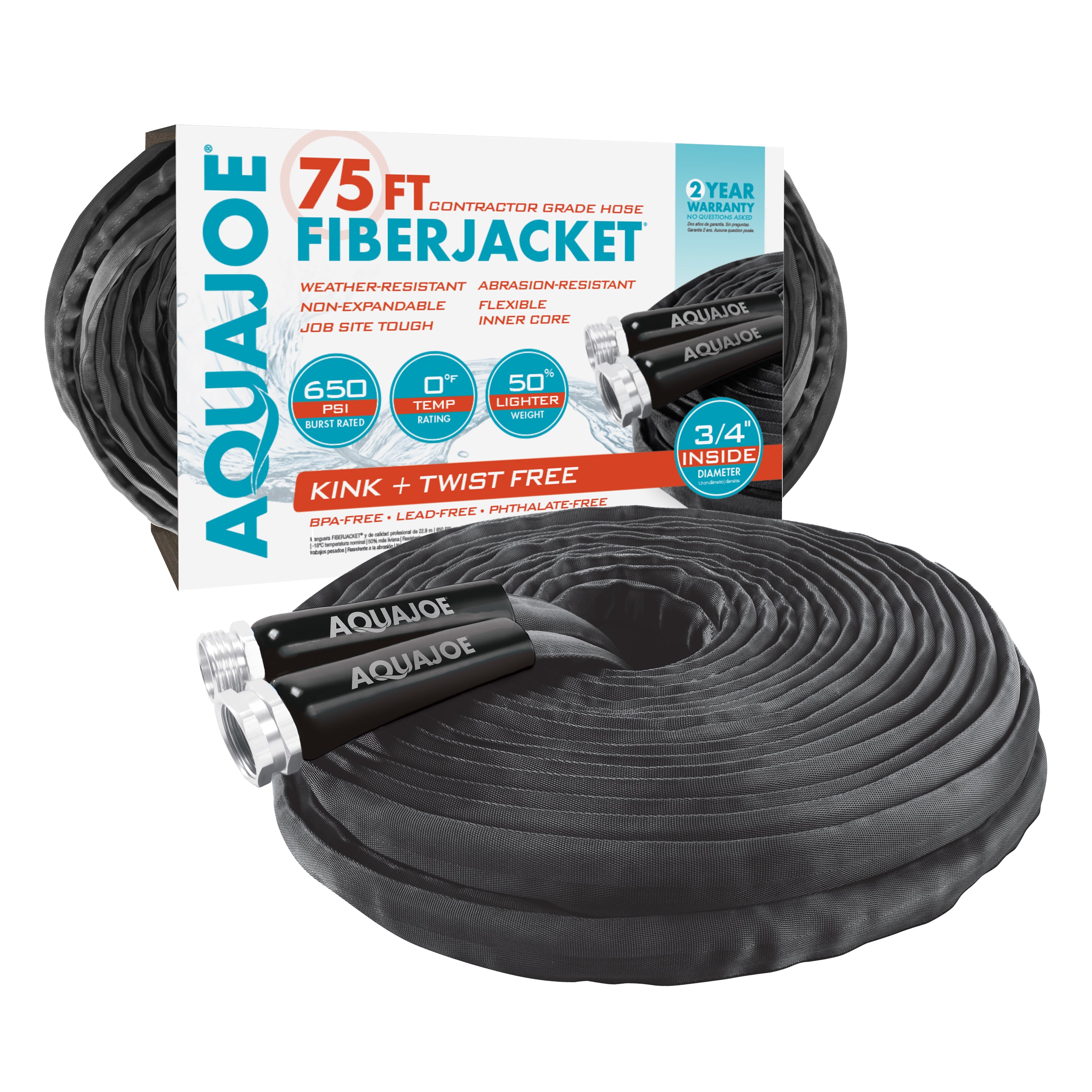 Aqua Joe AJFJH75-34-CTR-BLK Non-Expanding Kink-Free Contractor Grade FiberJacket Hose | 75-Ft | 3/4-in | 650-PSI BURST | BPA/Phthalate/Lead Free (Black)