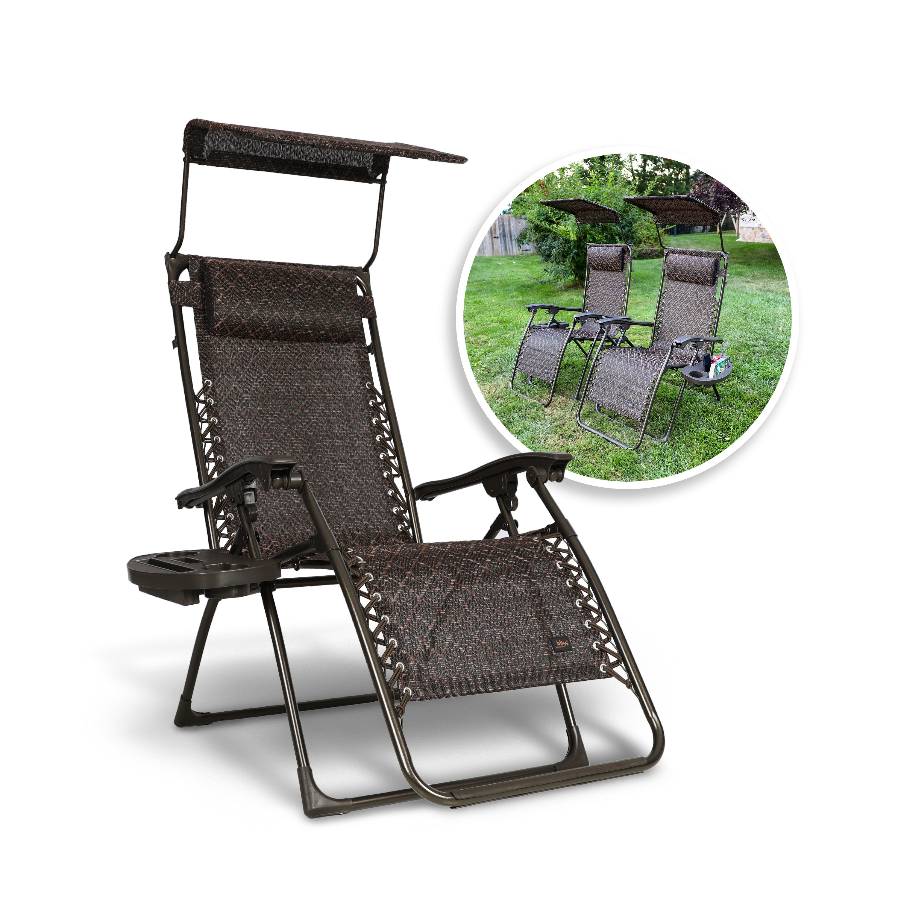 Bliss Hammocks GFC-026-2BL Set of 2 Gravity Free Chairs w/ Canopy, Drink Tray, and Pillow | 26-in. Wide | Weather & Rust Resistant | 300 Lb. Capacity (Brown Leaves)