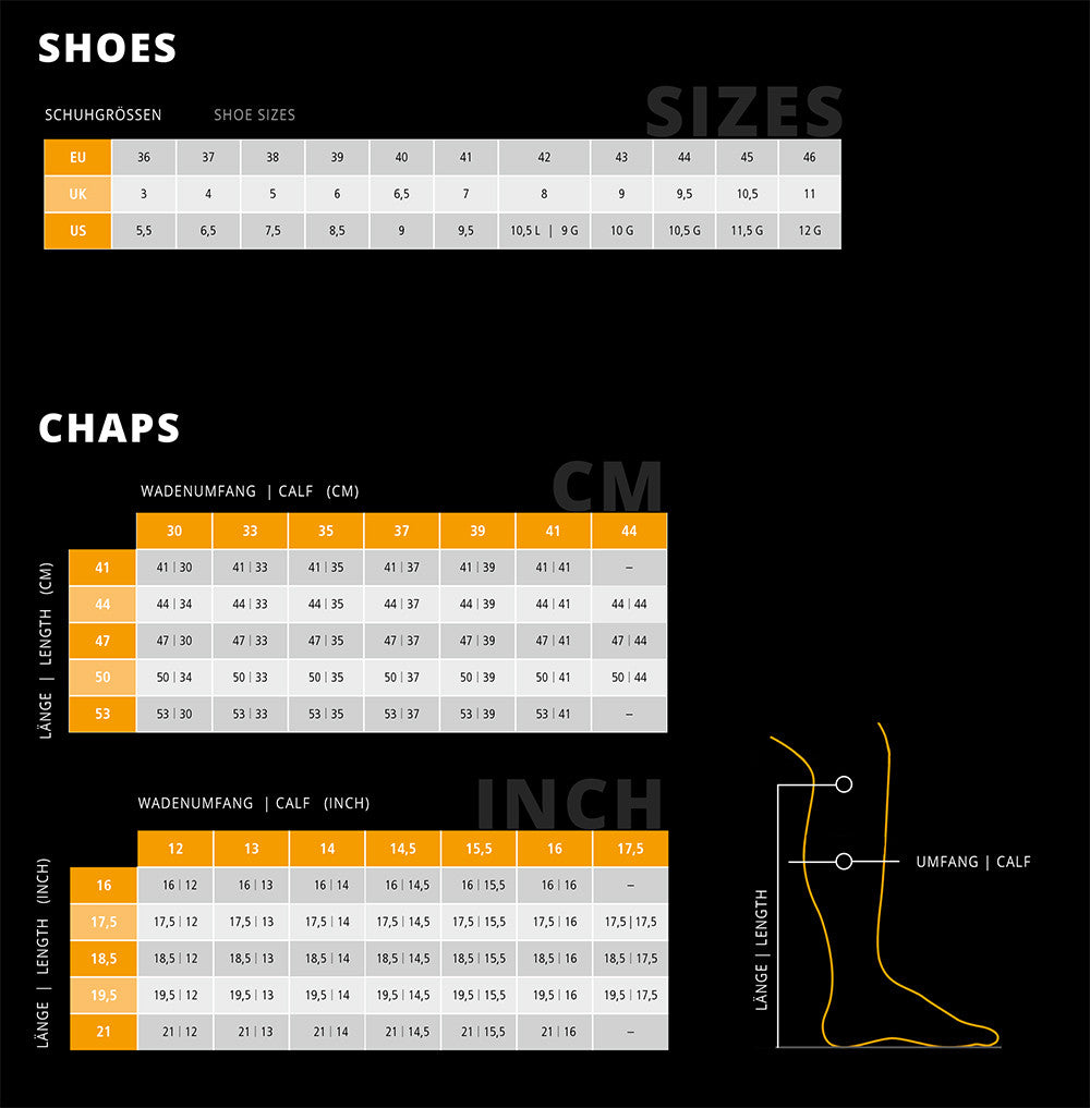 Sizing table for boots and chaps