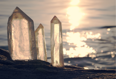 clear quartz tower points charging in moonlight