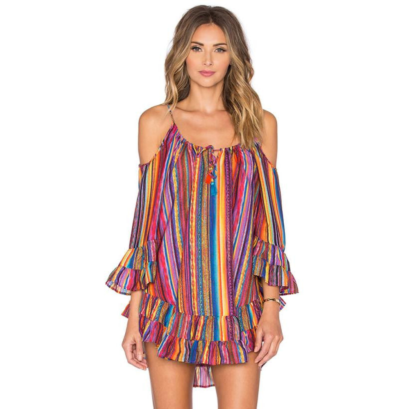 2017 Summer Dress Women Off Shoulder Fitted Rainbow Printing Fringed Beach Dress Chiffon Vintage Loose Spaghetti Strap Dresses