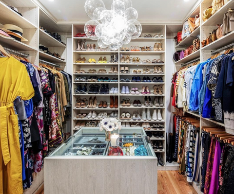 A bubble chandelier in a walk-in closet.