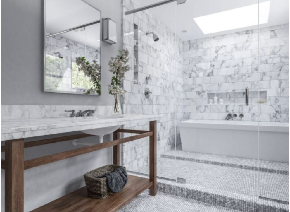 Wet room with enclosed shower and bathtub separate from sink