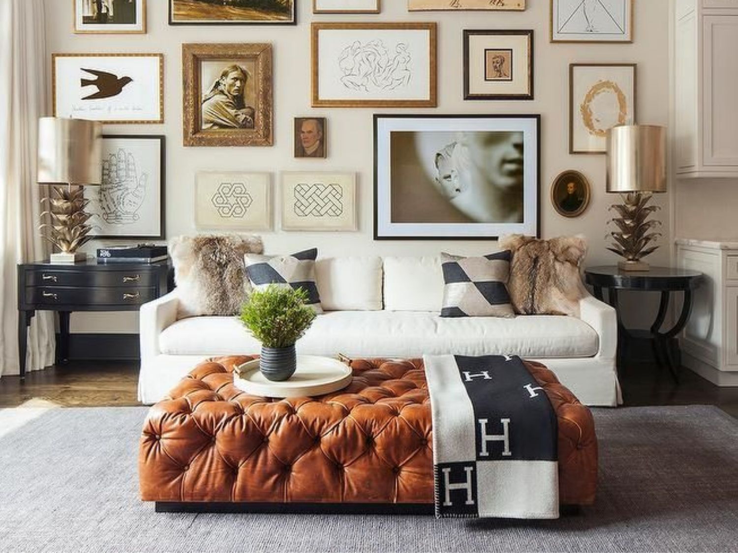 Leather upholstered ottoman in luxury living room design