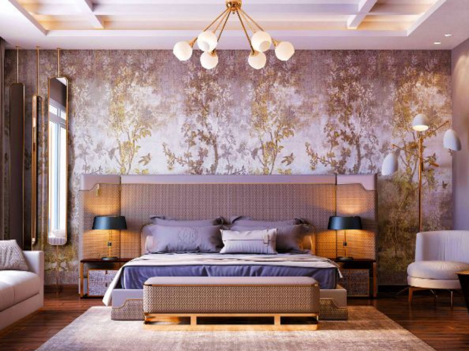 Luxurious bedroom designed by an interior designer with purple wallpaper, sateen sheets and a pendant light
