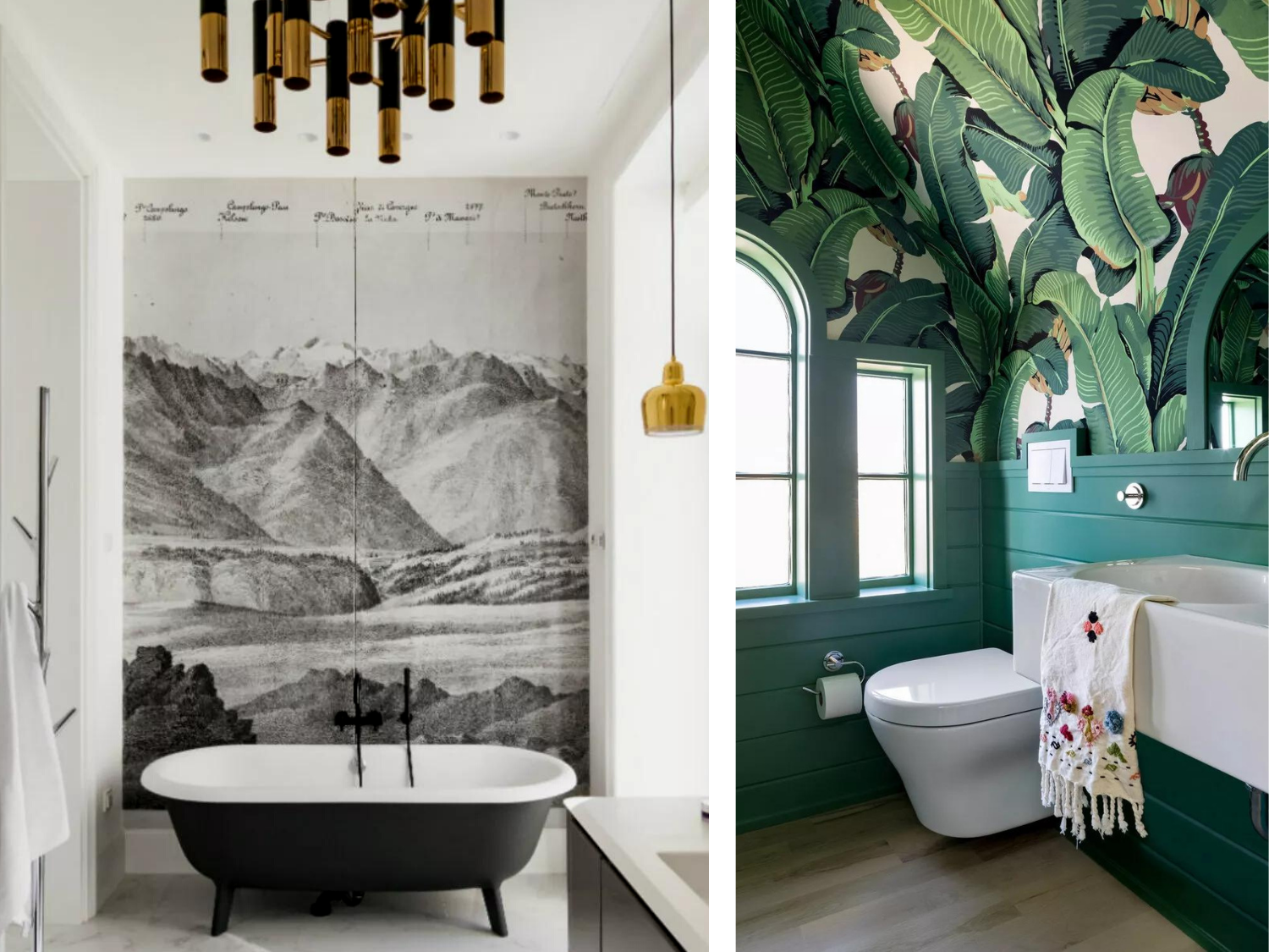 Interior design wallpaper examples in two luxury bathrooms