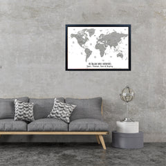 World Map Pinboard Framed, Map of the World Poster, World Map Wall Art, Framed Pinboard, Grey and White