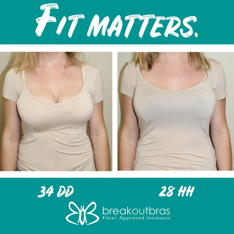 Front view with shirt before and after a bra fitting at Breakout Bras