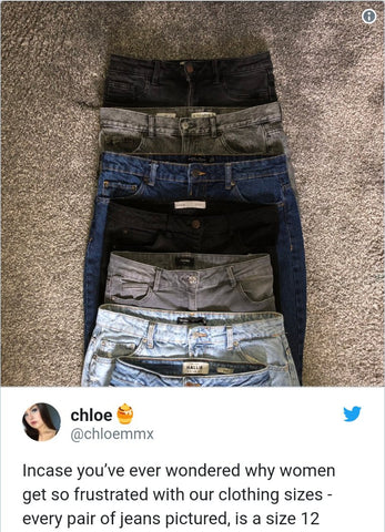 Several pairs of mismatched jeans over a tweet that reads "In case you've ever wondered why women get so frustrated with our clothing sizes––every pair of jeans pictured is a size 12."