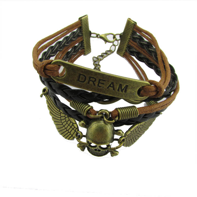 Women Bracelets Jewelry DIY woven leather bracelet Promotion Gifts Angel Wings Skull Leather Bracele
