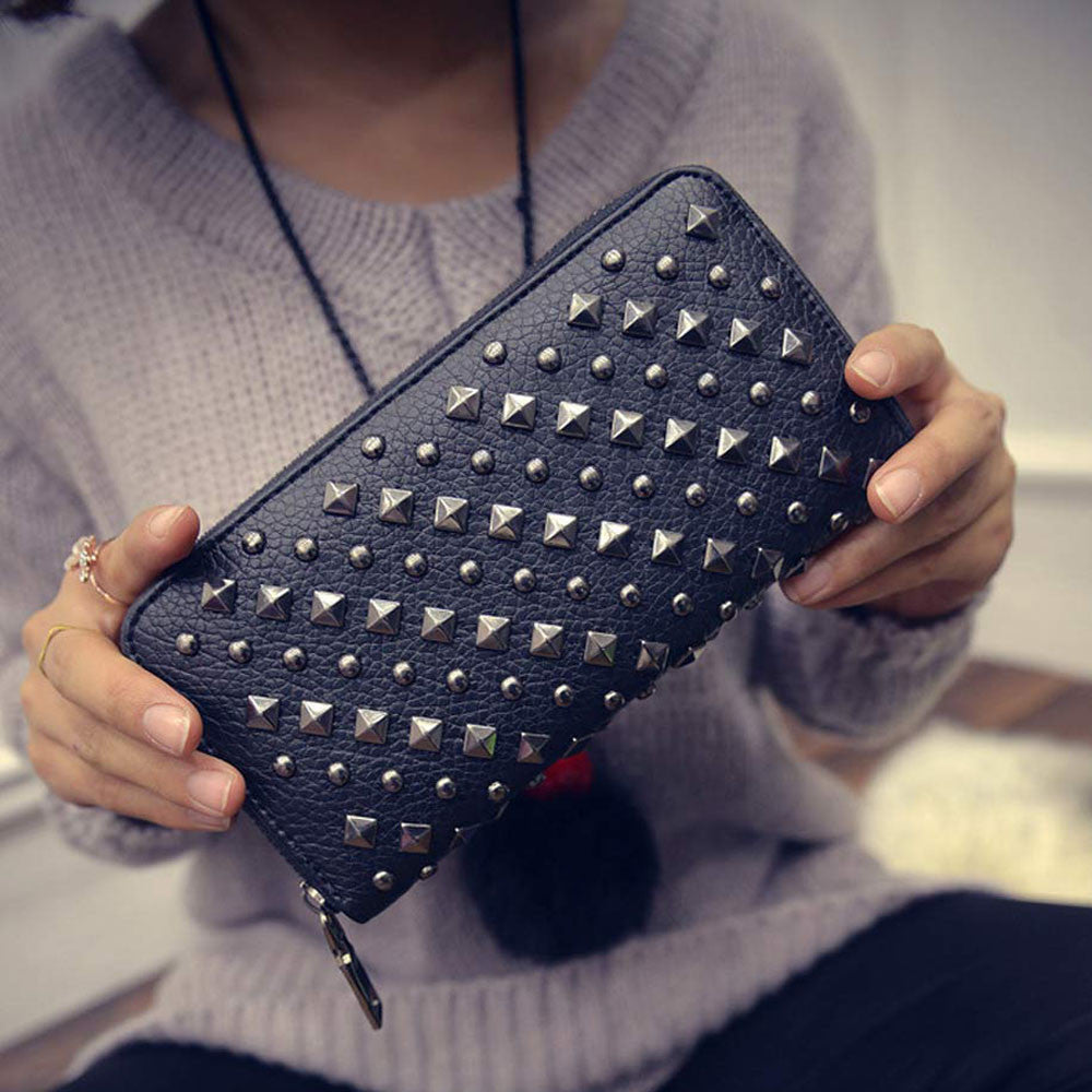 Lady Women Wallet PU Leather Clutch WalletS Long Card Punk Rivet Pattern bolsa feminina CF