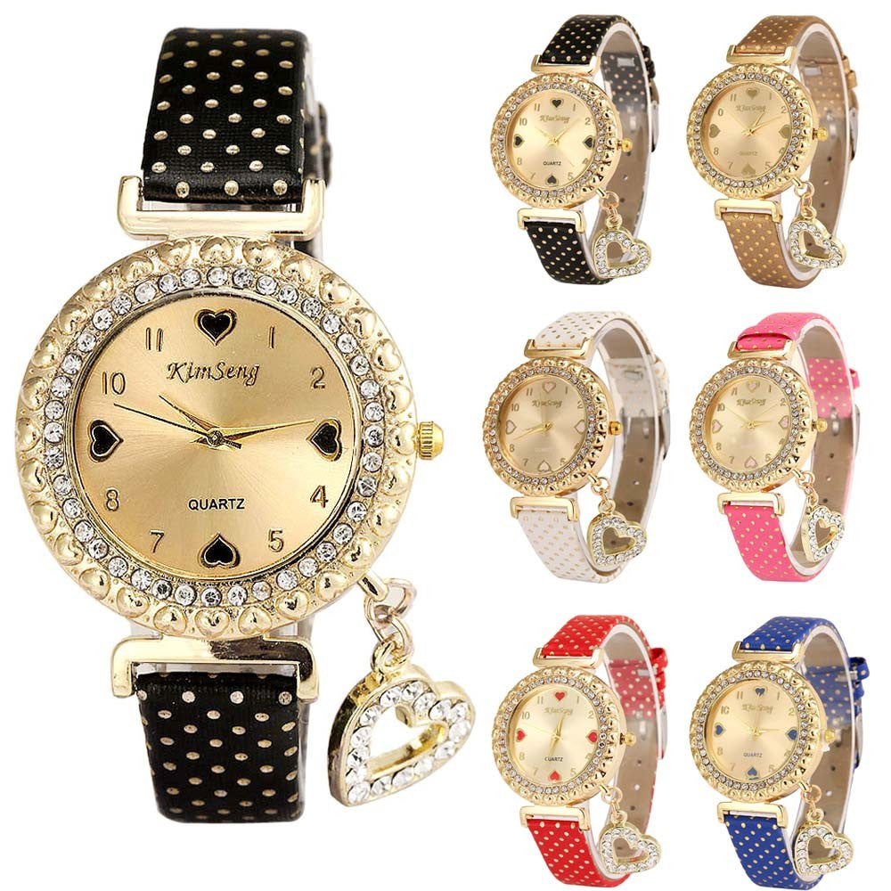 Love Heart Bracelet Watches Women Leather Crystal Quartz Wrist W