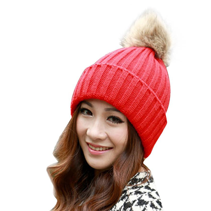 Girl Women Rabbit Fur Ball Warm Hat Crochet Knitted Wool Cap casquette hat Better CF