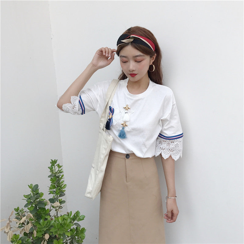 Woman Tops Tee  Summer Harajuku Tassel Applique Lace Patckwork T