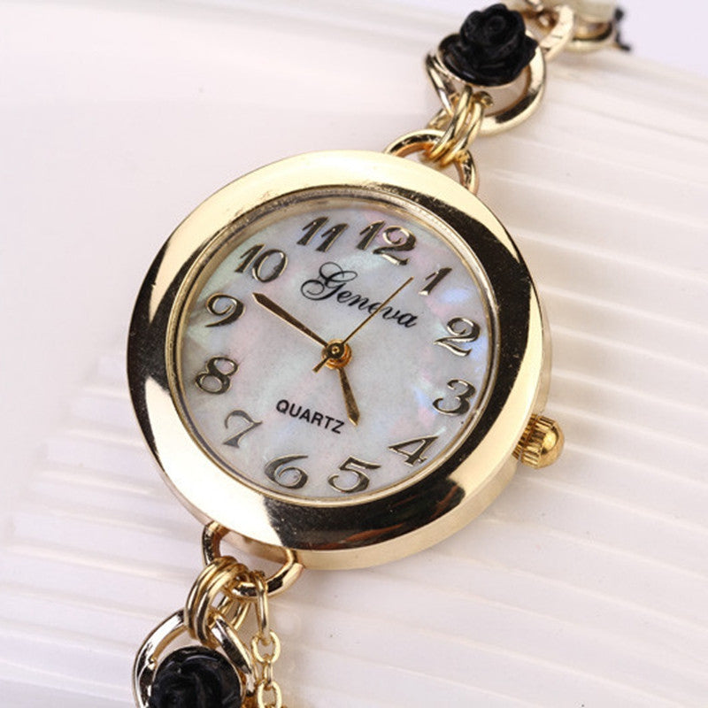 Women Geneva Watches Faux Pearl Flower Chain Bracelet Wrist Analog Quartz Dial Watch Relogio Feminin