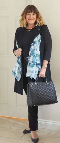 create multiple outfits with accessories, italian leather quilt tote bag, blue print scarf