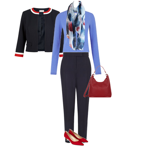 create outfit colour schemes with a scarf, capsule accessories, poppy print scarf