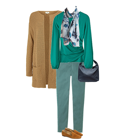 create outfit colour schemes with a scarf, capsule accessories, leaves and flower scarf