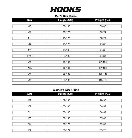 Hooks Ju Jitsu Gi Male and Female Size Chart or Sizing