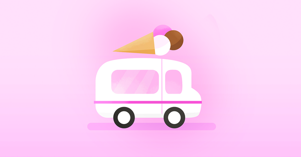 An incoming icecream truck on a pink background. It has an icecream perched on top of it as part of its design.