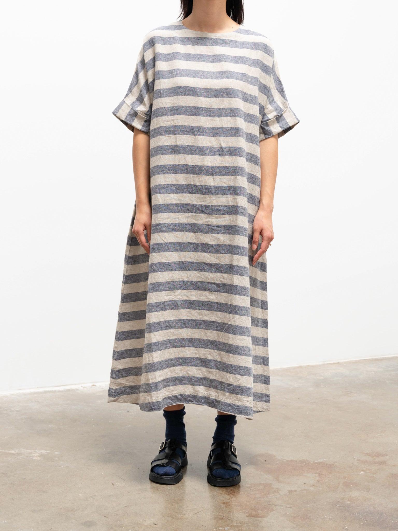 Linen Silk Border Dress - Natural x Navy