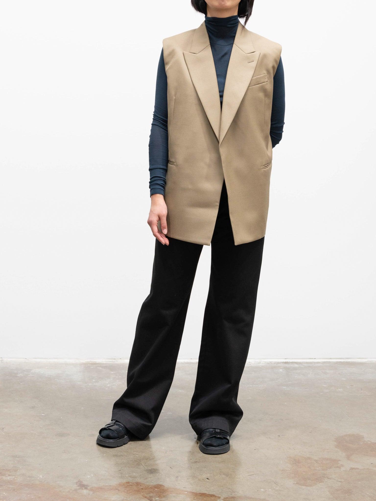 Wool Gabardine Sleeveless Jacket - Khaki