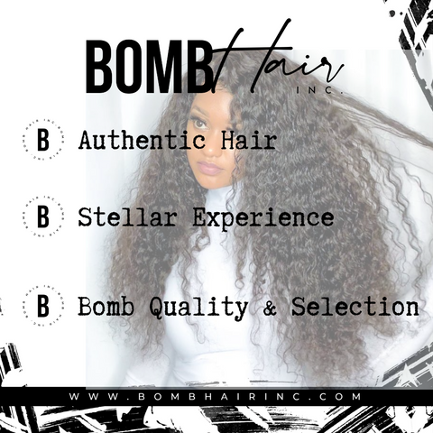 Bomb Straight Hair extensions on white flyer with black words and abstract paint and image of beautiful black woman with deep wavy hair extensions and white turtle neck  