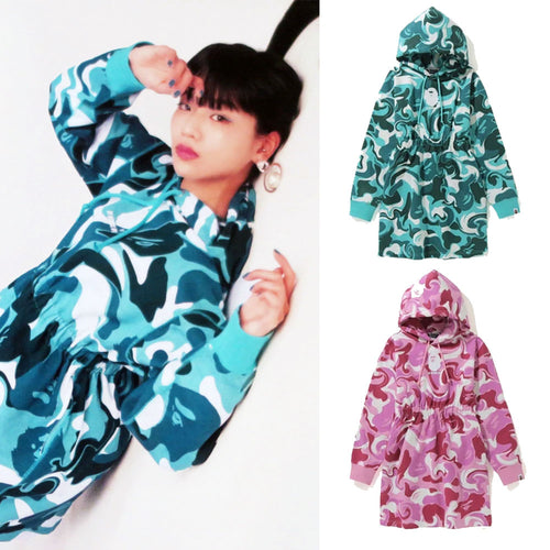 A BATHING APE Ladies' MARBLE CAMO SHIRRED WAIST PULLOVER HOODIE ONEPIECE