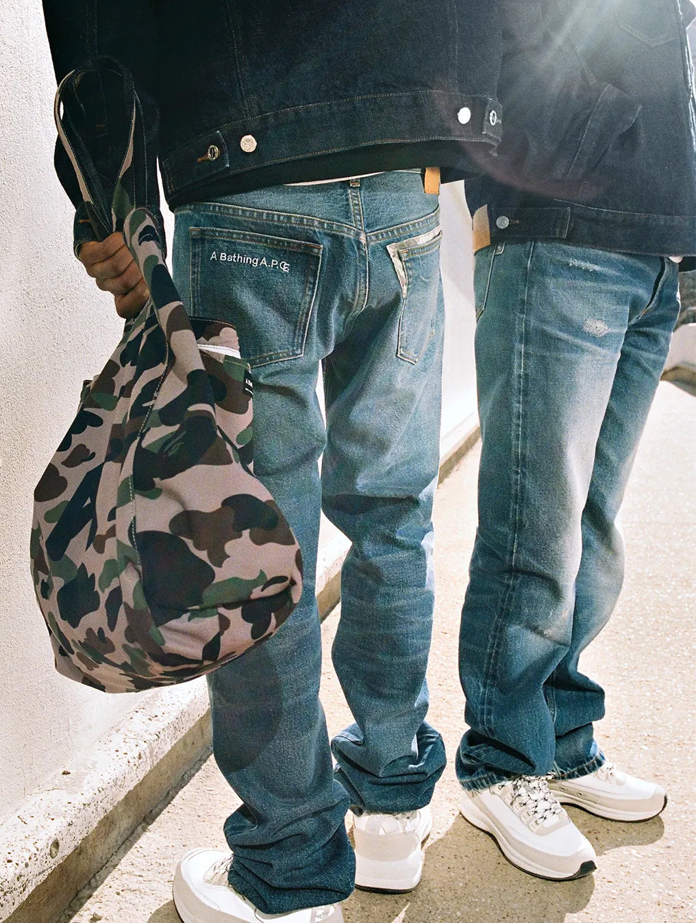 BAPE X A.P.C. PATCHED DAMAGE DENIM PANTS socepel.com.br