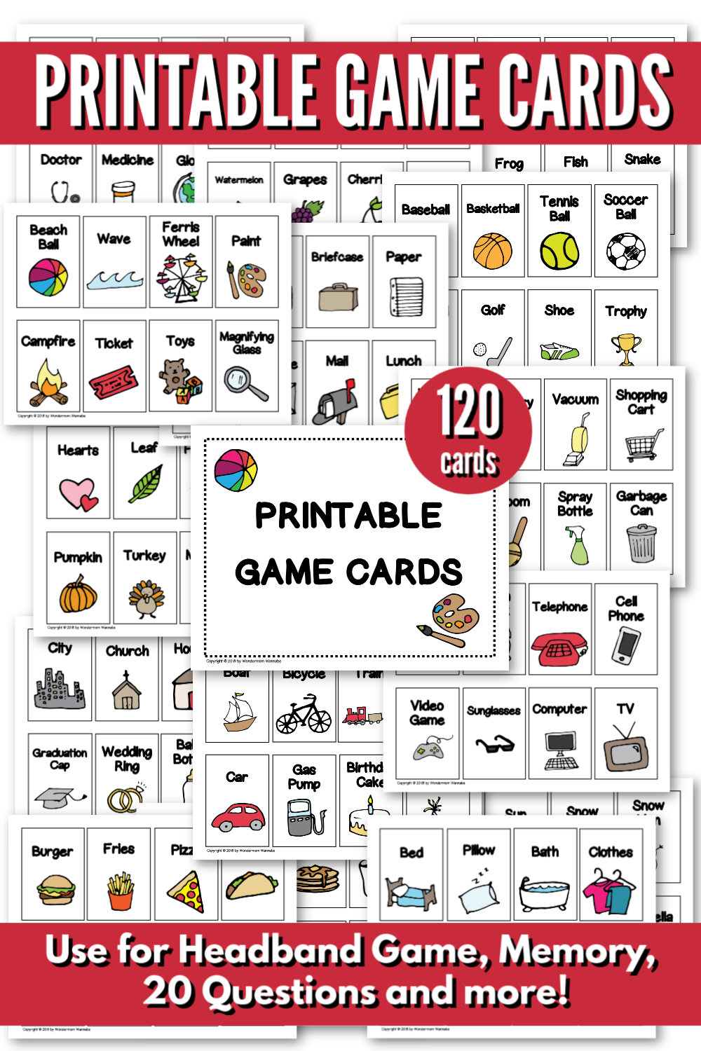 Printable Game Cards for Headband Game, Memory, or 20 Questions
