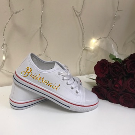 Personalised White Canvas Wedding Shoes - Matching Coloured Ribbon