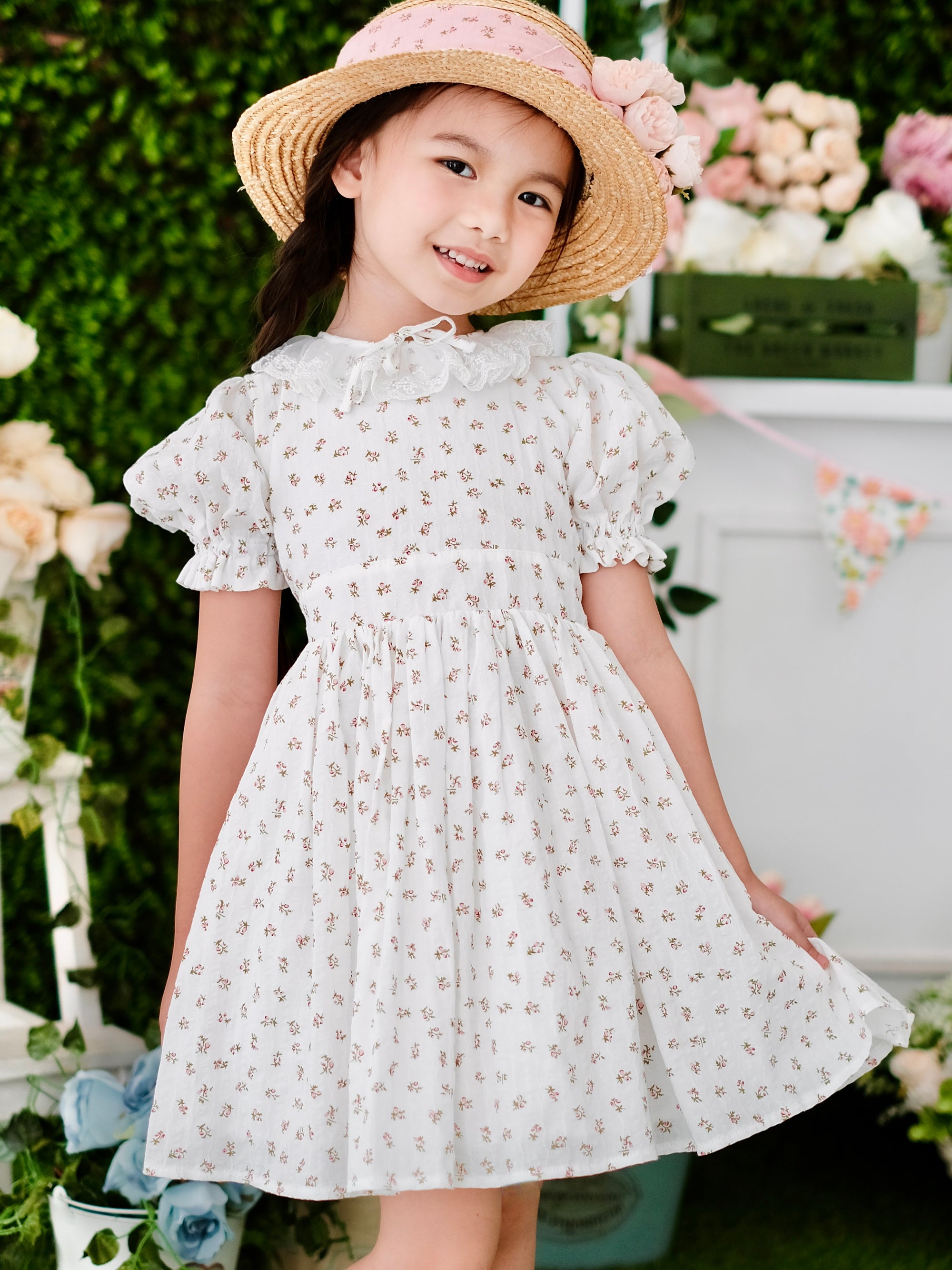 Mabelle Jacquard Dress with Floral Brooch - Laila and Lyra