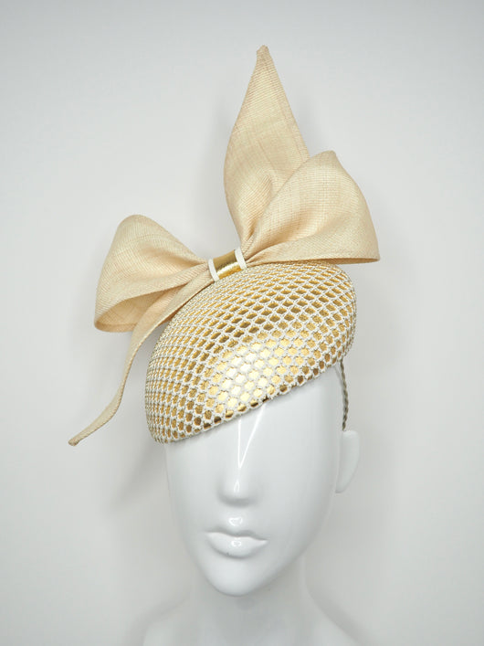 Golden Bowie - Natural Tinalak Straw Bow with textured off white and g –  Allport Millinery