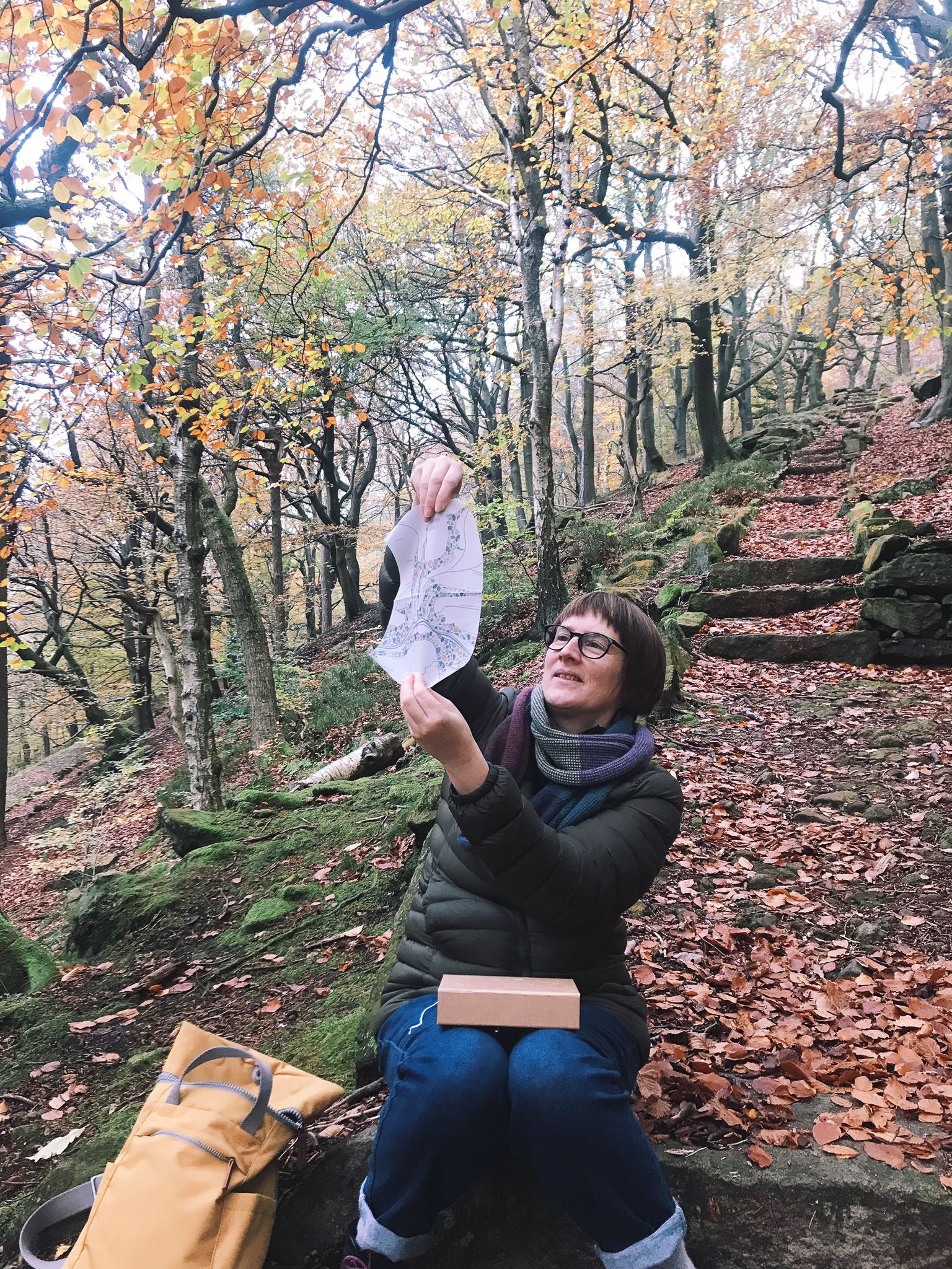 looking at the treasure map in Eaves Wood, Hebden Bridge