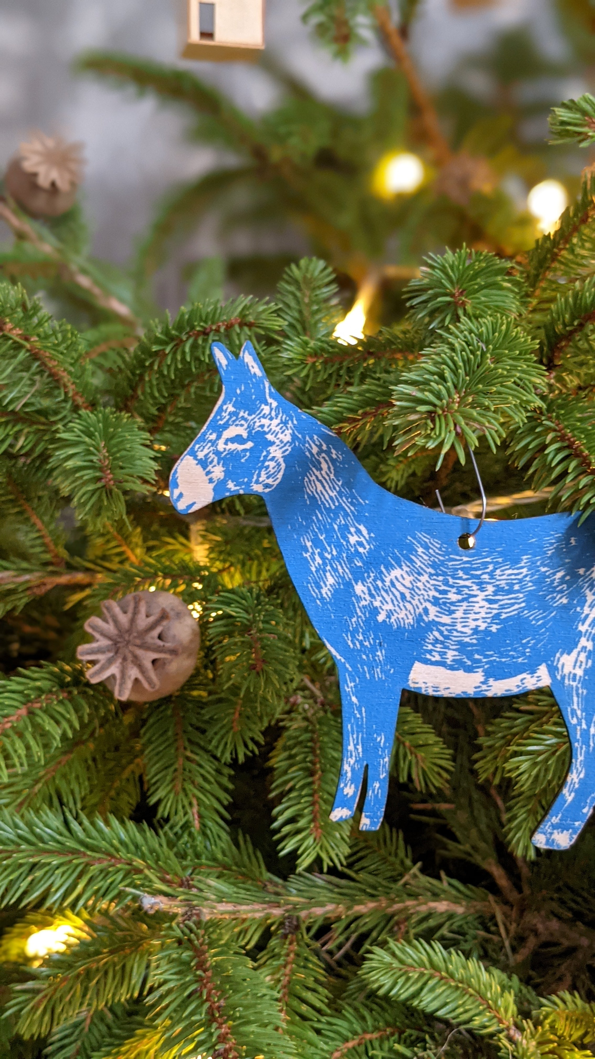 Little donkey screen printed tree decoration by Julia Ogden