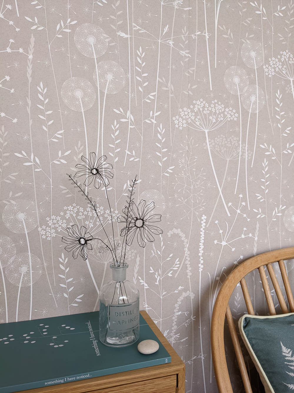 Judith Browns wire flowers and Hannah Nunn mallow wallpaper