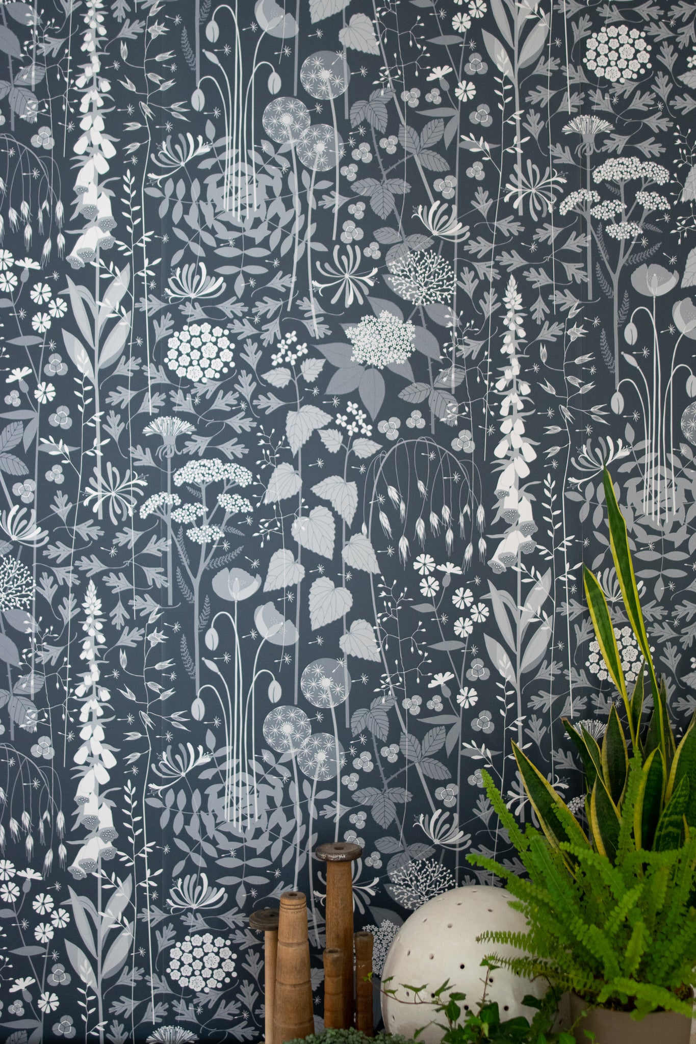 dark blue botanical wallpaper with wild hedgerow plants and flowers – Hannah  Nunn