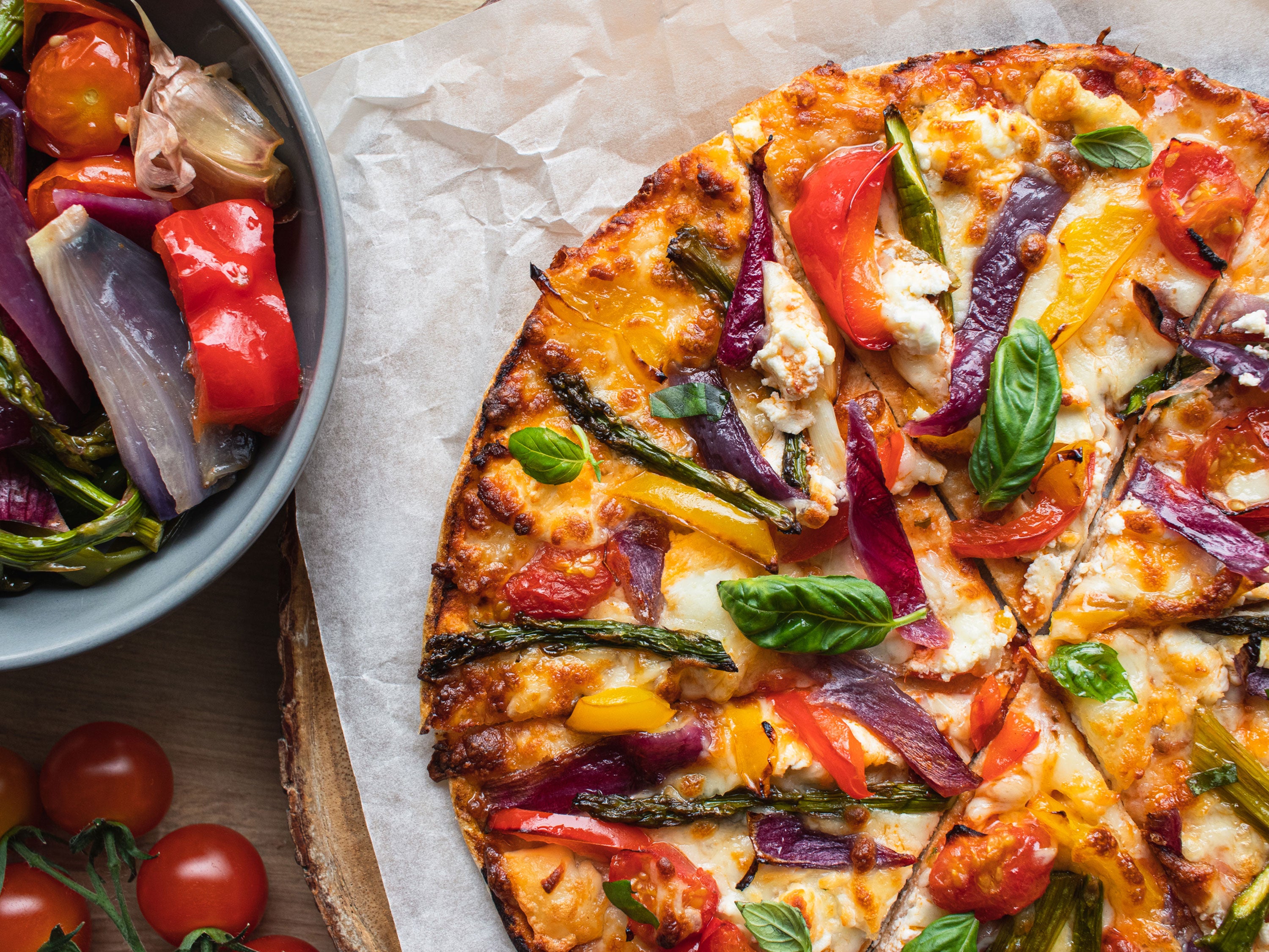 Low calorie vegetarian summer pizza with roasted vegetables