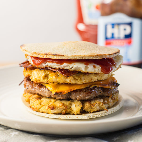low calorie Lo-Dough breakfast sandwich with sausage egg and hash brown