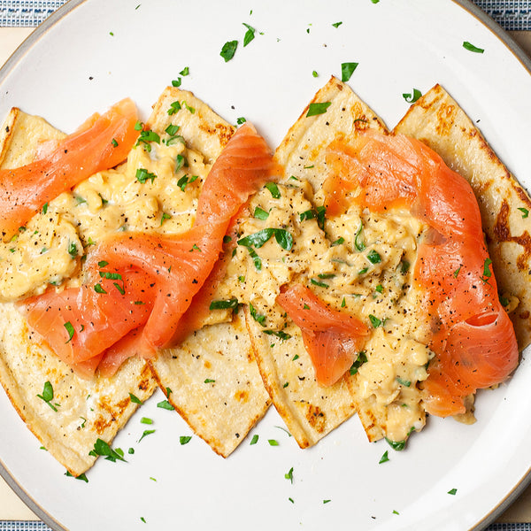 smoked salmon and scrambled eggs on low carb Lo-Dough french toast
