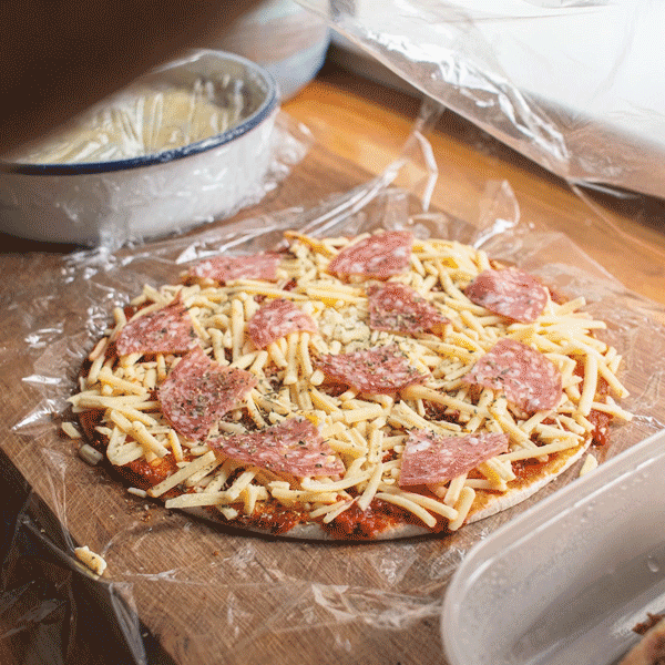 Frozen Lo-Dough pizza being made