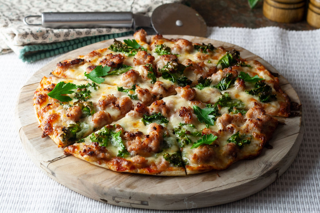 low carb sausage and kale pizza