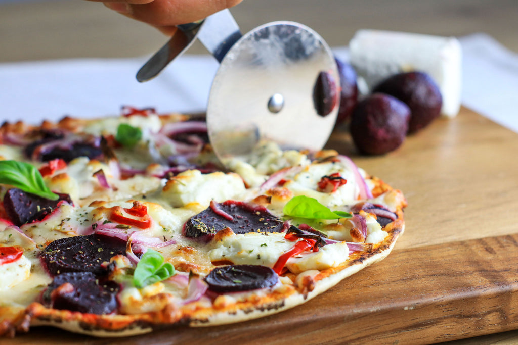 Low calorie goat cheese beetroot pizza