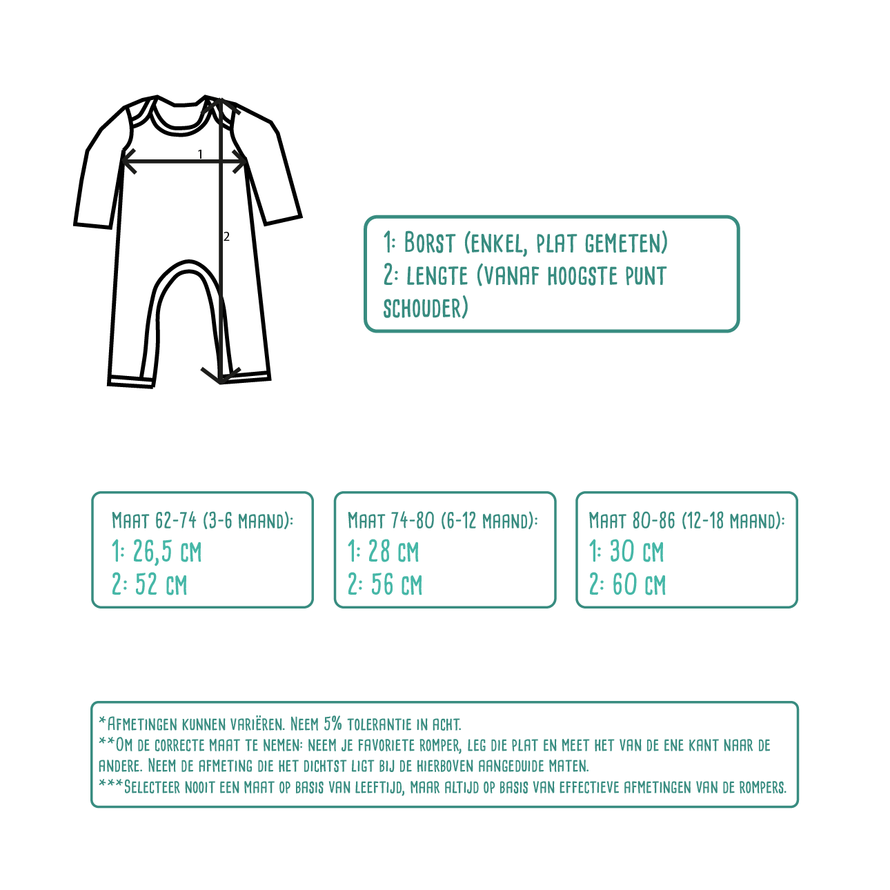 Size table for baby or toddler rompers with long sleeves by KMLeon.