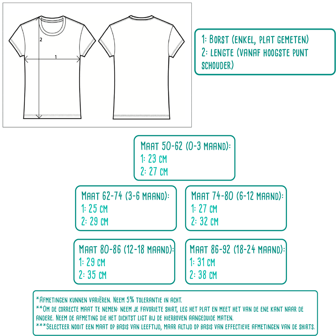 Size table for baby or toddler shirts with short sleeves by KMLeon.