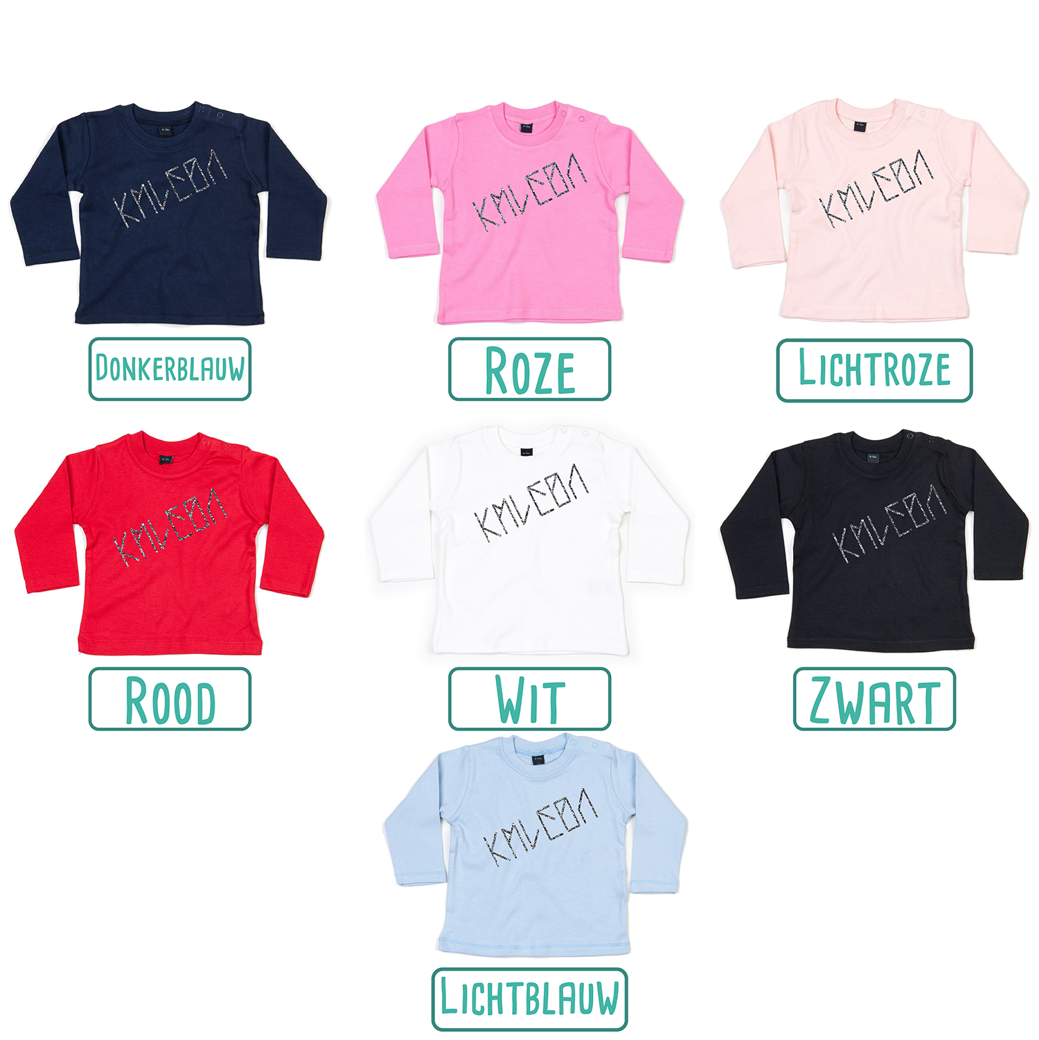 Colour options for baby or toddler shirts with long sleeves by KMLeon.