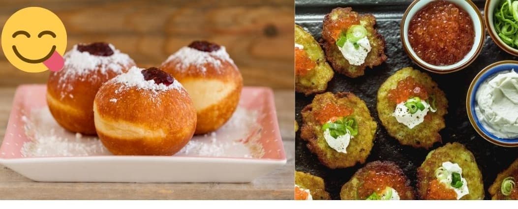 hanukkah sufganiyot and latkes food for jewish holiday