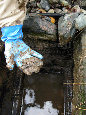 Sludge and muck from inside a biofalls filter after media nets and filter pads have been removed