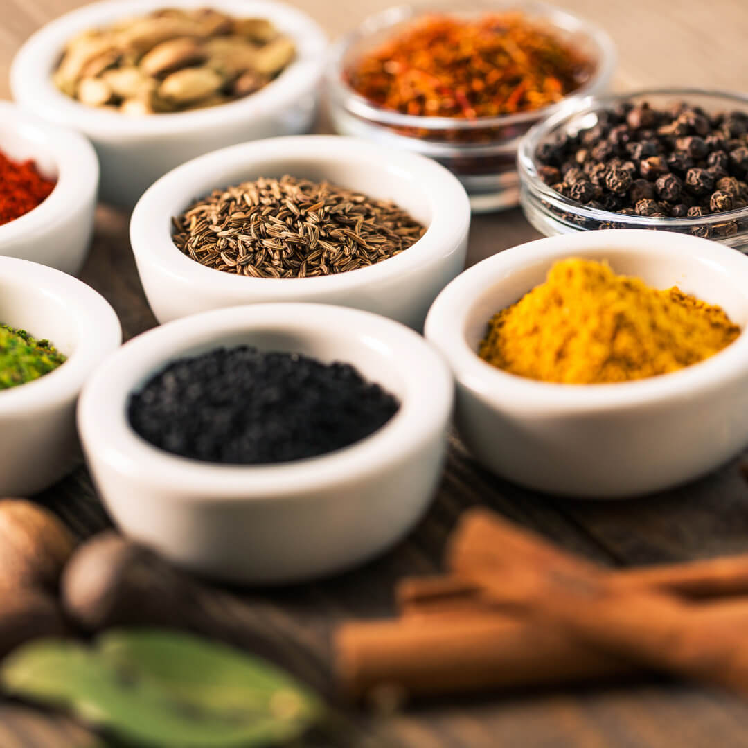 bowls of various herbs and spices