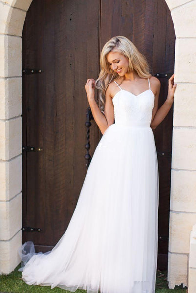 2017 Simple White Tulle Long Boho Beach Wedding Dresses Cheap